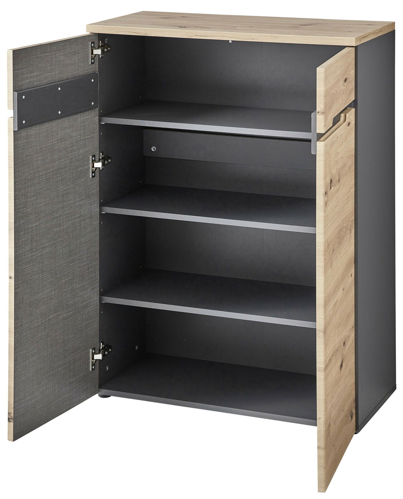 Offenes Highboard mit Holz- und Metallelementen, Frontansicht