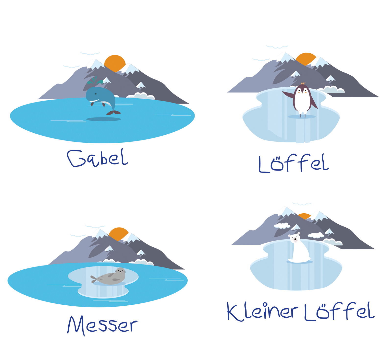 Kinderbesteck SEAWORLD 4-tlg. mit Gabel, Löffel, Messer und kleinem Löffel, illustriert mit Meerestieren und Berglandschaft, von oben betrachtet.