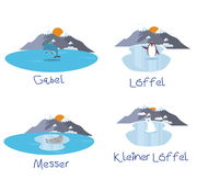 Kinderbesteck SEAWORLD 4-tlg. mit Gabel, Löffel, Messer und kleinem Löffel, illustriert mit Meerestieren und Berglandschaft, von oben betrachtet.