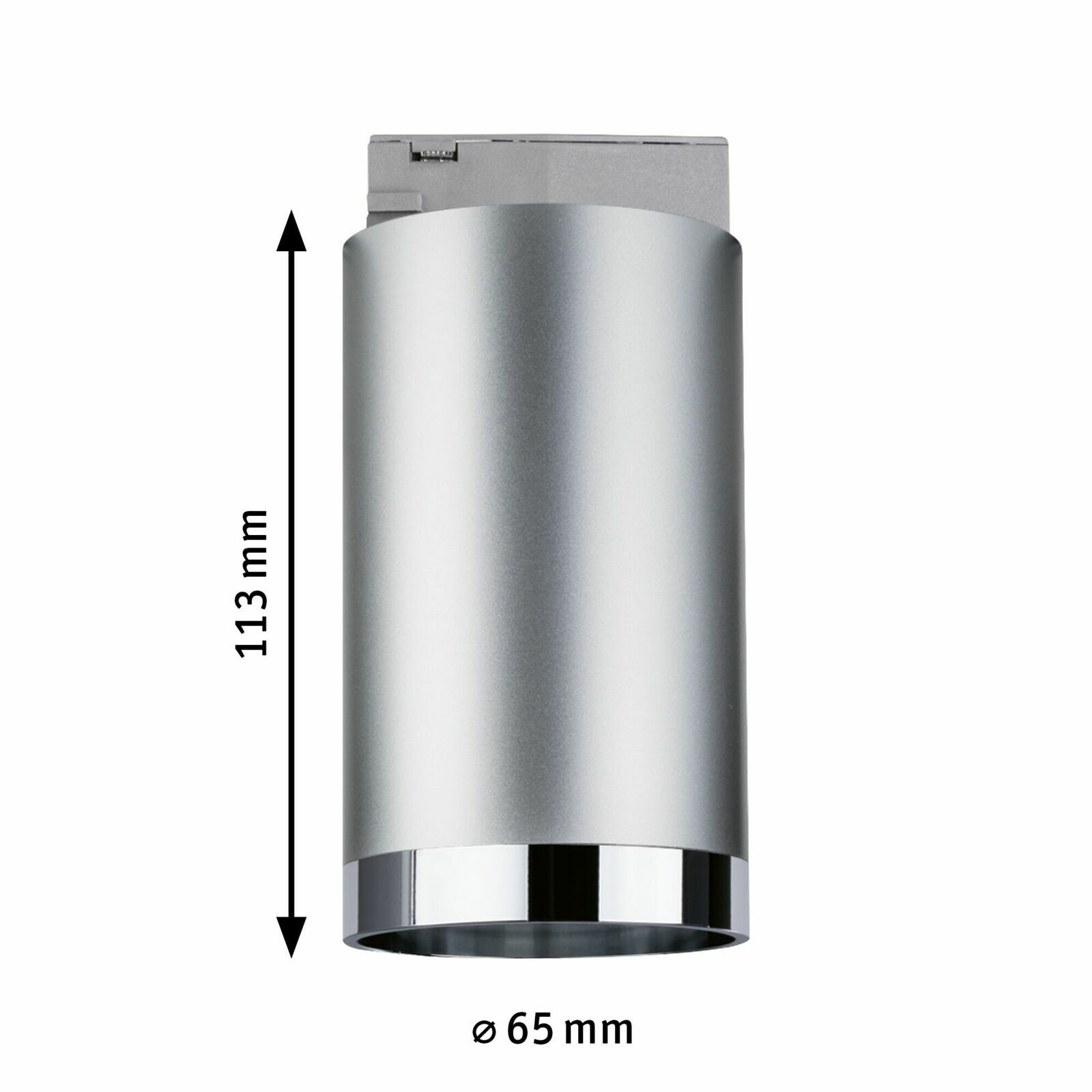 Silberner zylindrischer Schienenspot Tube, seitliche Ansicht, 113 mm hoch, Durchmesser 65 mm.