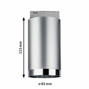 Silberner zylindrischer Schienenspot Tube, seitliche Ansicht, 113 mm hoch, Durchmesser 65 mm.