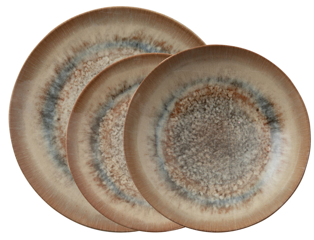 Drei übereinanderliegende Teller aus dem Tellerset Galaxy Venus, mit einem natürlichen, erdigen Farbverlauf in Braun- und Grautönen, aus der Vogelperspektive.