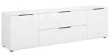 Weißes TV-Lowboard mit drei Türen und schwarzen Griffen, seitliche Perspektive