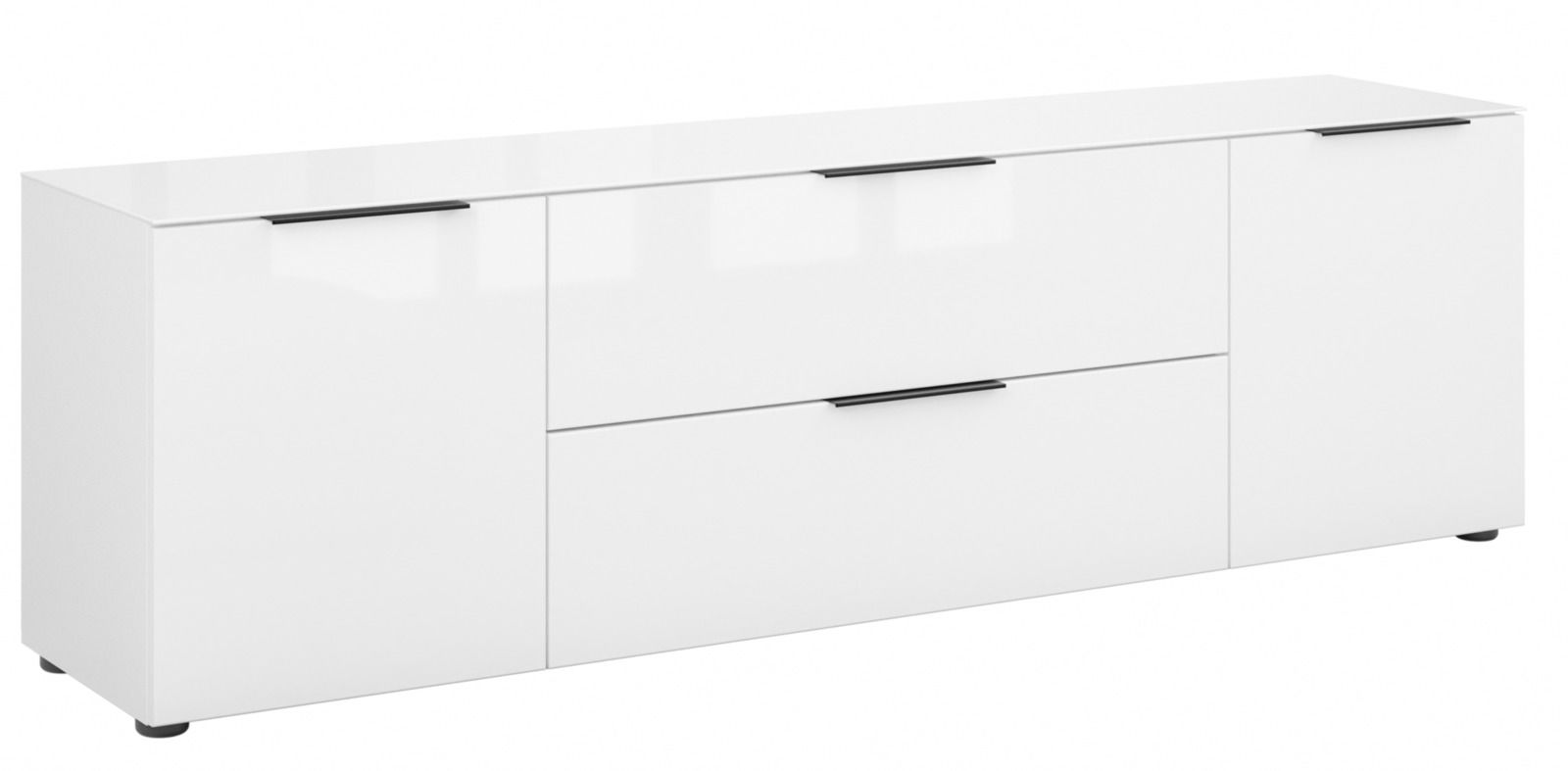Novel TV-Lowboard STYLE Weißes TV-Lowboard mit drei Türen und schwarzen Griffen, seitliche Perspektive
