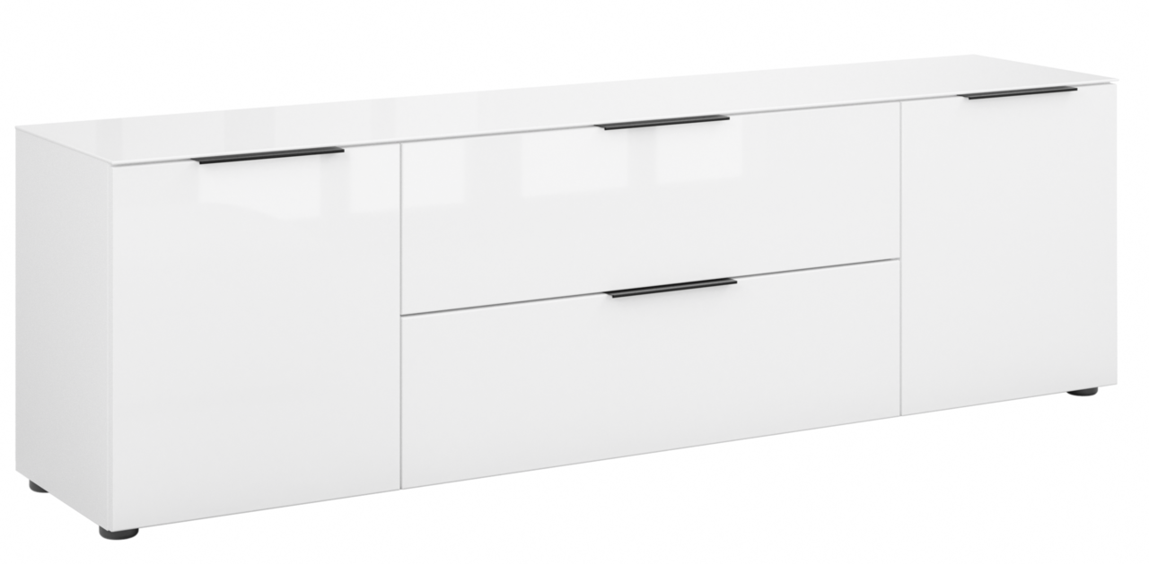 Novel TV-Lowboard STYLE Weißes TV-Lowboard mit drei Türen und schwarzen Griffen, seitliche Perspektive