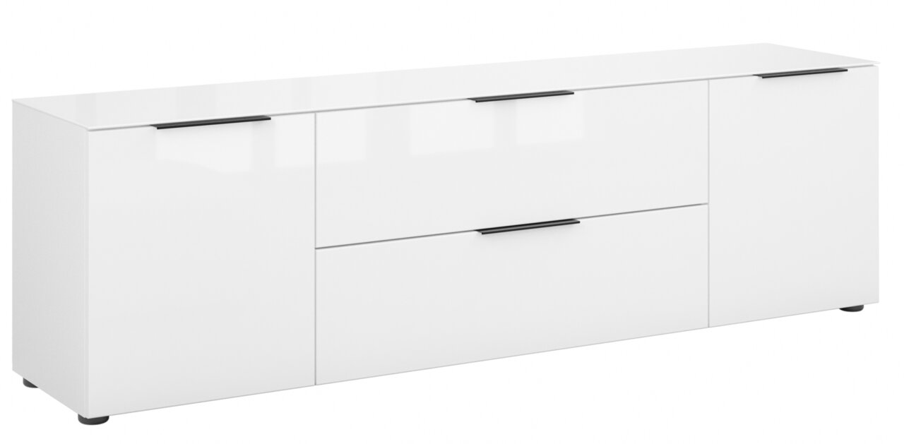 Novel TV-Lowboard STYLE Weißes TV-Lowboard mit drei Türen und schwarzen Griffen, seitliche Perspektive