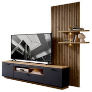 Moderne Wandkombination mit Holzpaneelen, integriertem TV-Schrank und dekorativen Regalen, seitliche Perspektive.