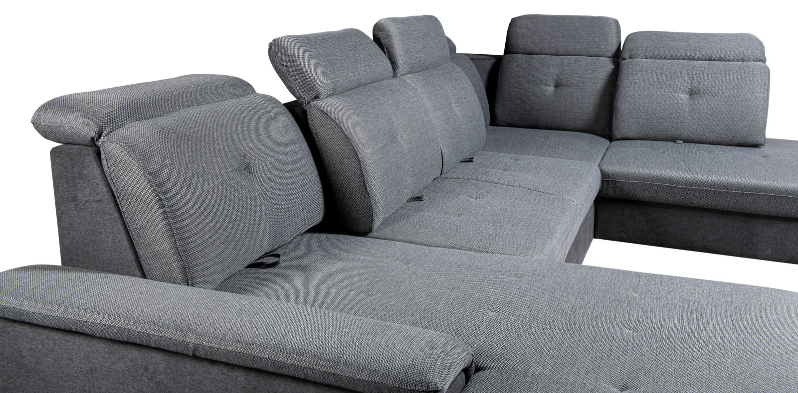 Graues Ecksofa mit verstellbaren Kopfstützen, seitliche Perspektive