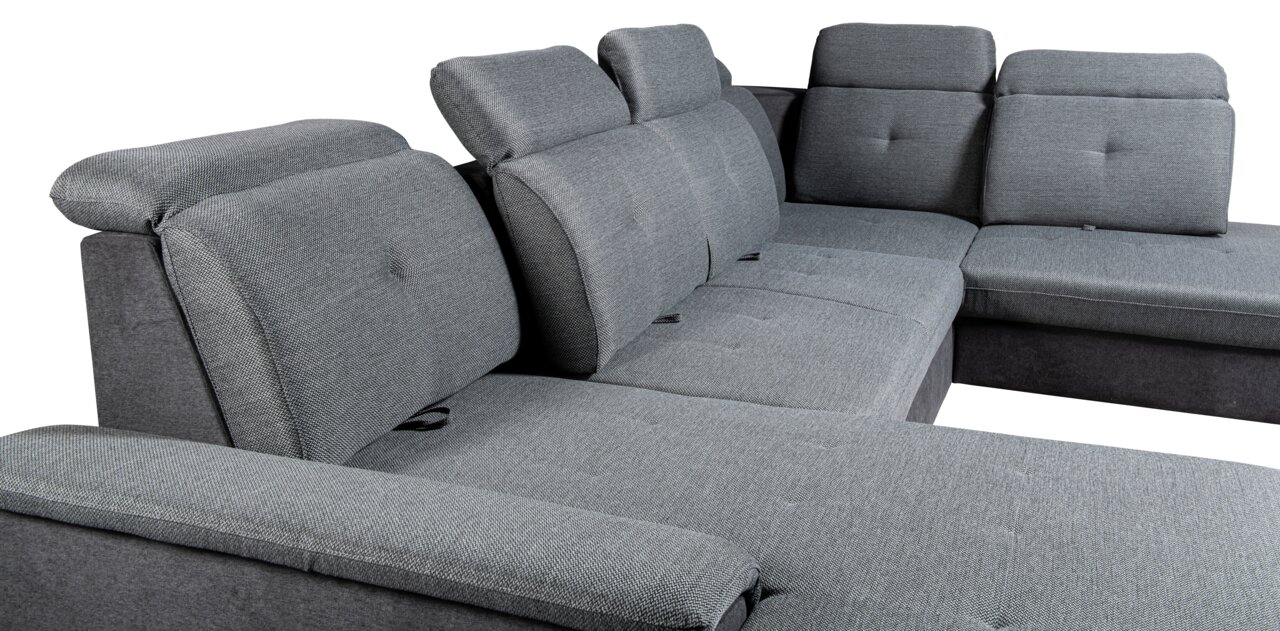 Graues Ecksofa mit verstellbaren Kopfstützen, seitliche Perspektive