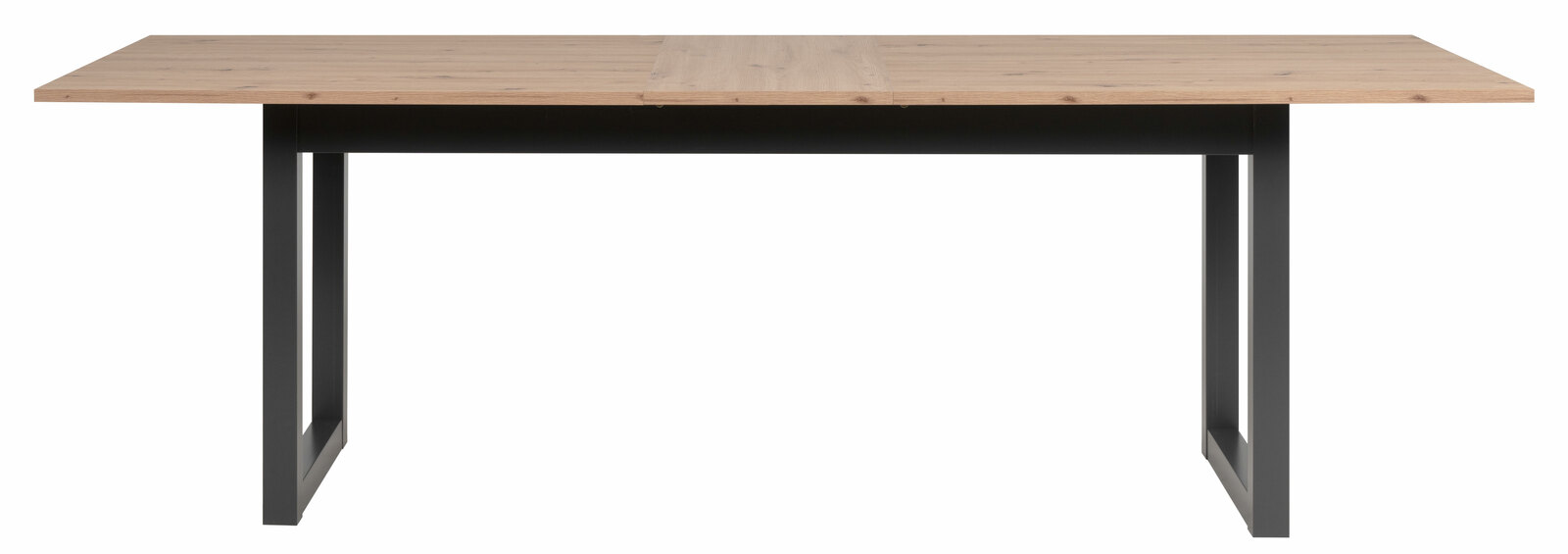 Moderner Esstisch mit Holzplatte und schwarzen Metallbeinen, Frontalansicht.