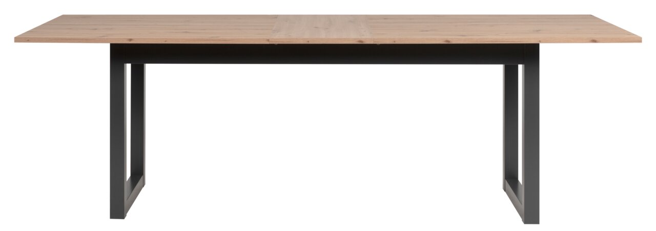 Moderner Esstisch mit Holzplatte und schwarzen Metallbeinen, Frontalansicht.