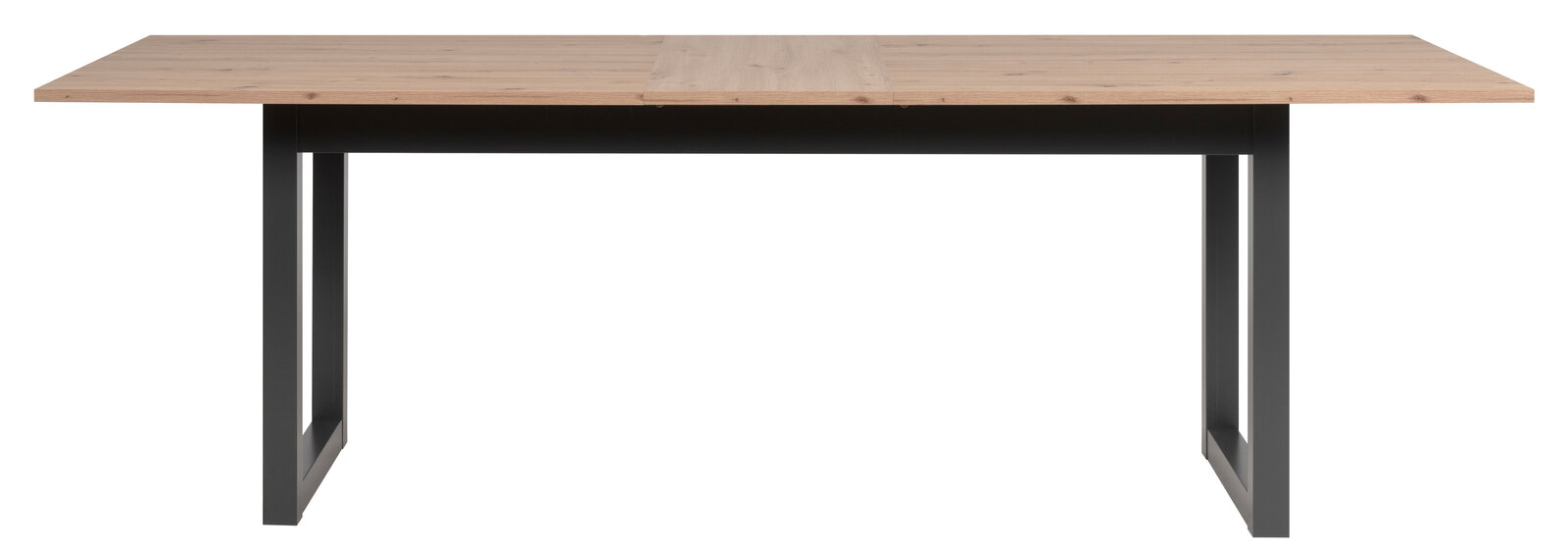 Moderner Esstisch mit Holzplatte und schwarzen Metallbeinen, Frontalansicht.