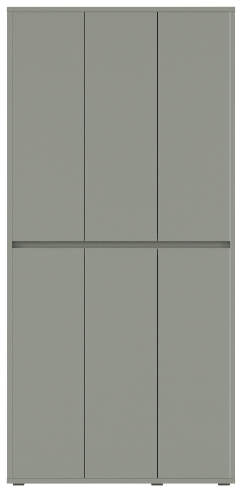 Frontansicht eines grauen XXL-Schuh- und Mehrzweckschranks mit sechs Türen.