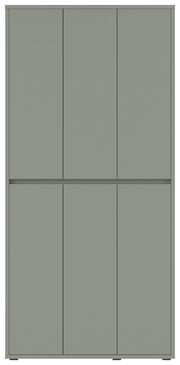 Frontansicht eines grauen XXL-Schuh- und Mehrzweckschranks mit sechs Türen.