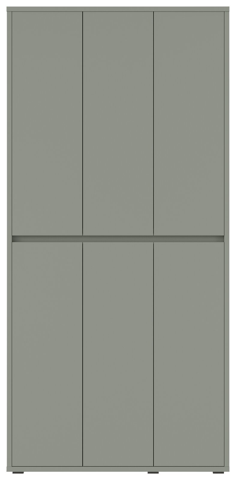 Frontansicht eines grauen XXL-Schuh- und Mehrzweckschranks mit sechs Türen.