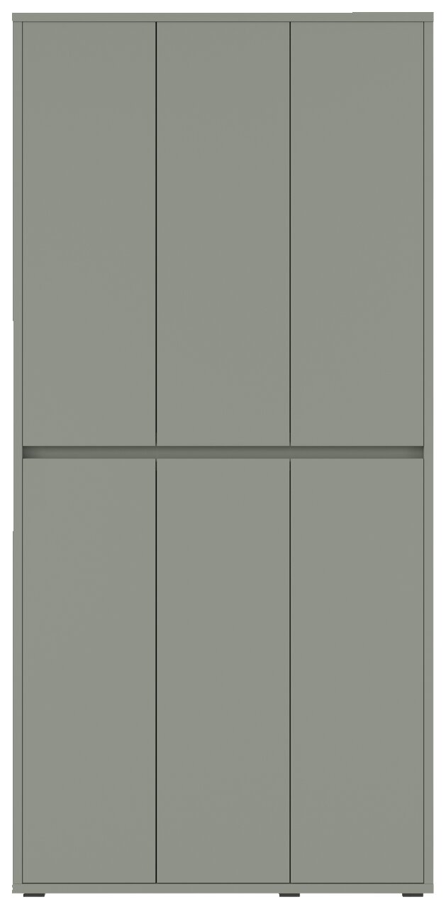 Frontansicht eines grauen XXL-Schuh- und Mehrzweckschranks mit sechs Türen.