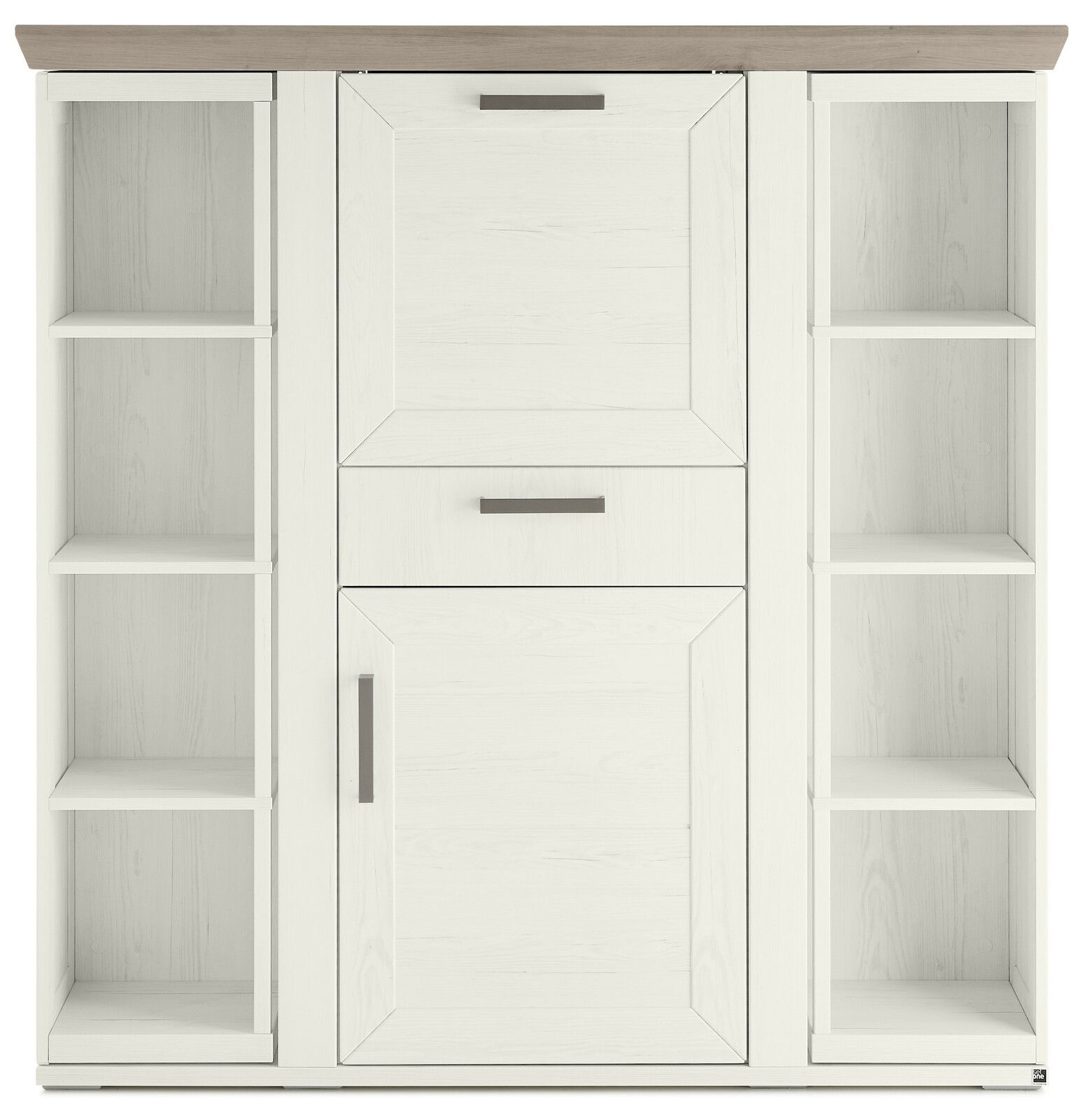 Frontansicht eines weißen Highboards mit Karussell, offenen Regalen an den Seiten und Schubladen in der Mitte.