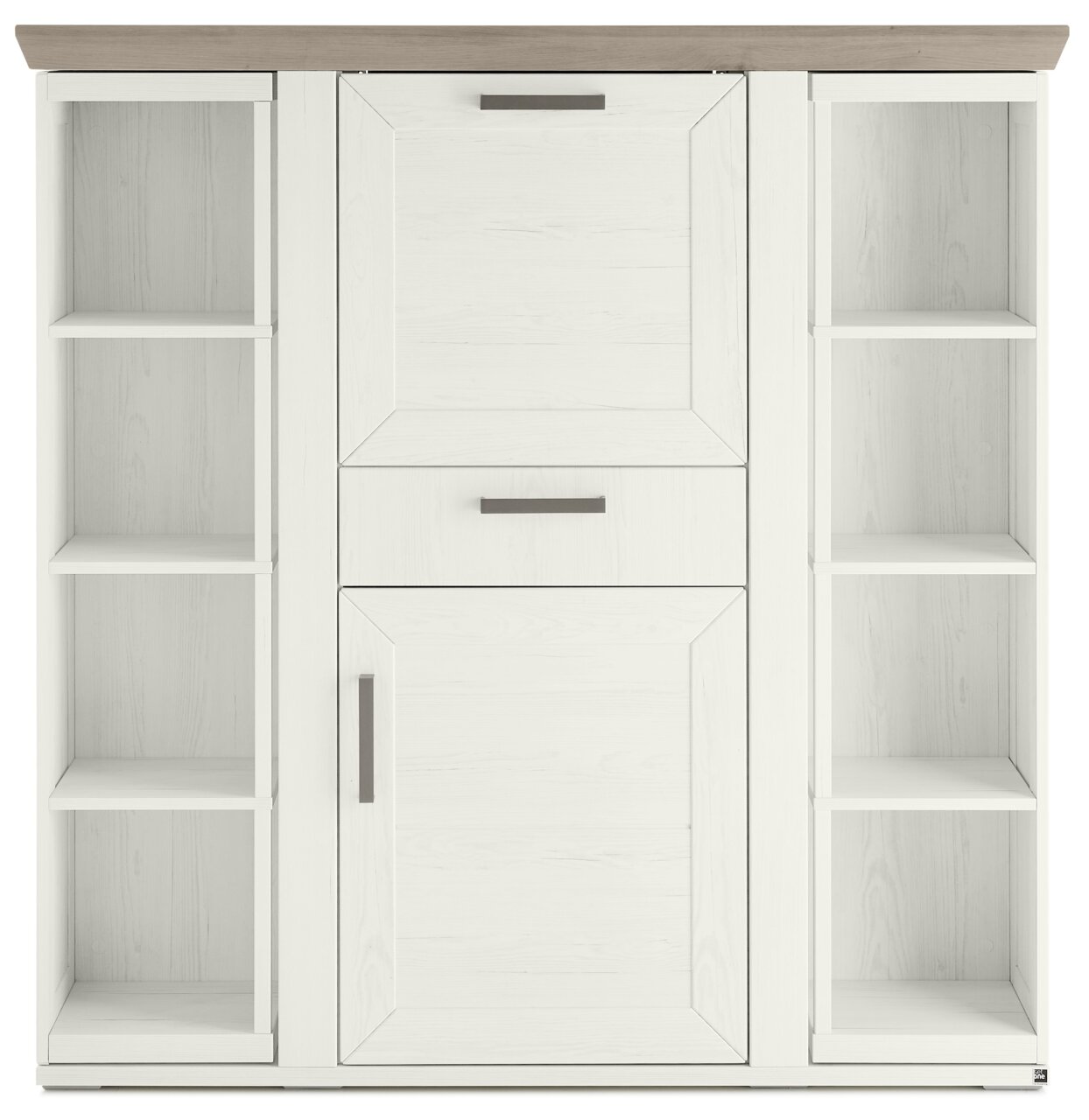 Frontansicht eines weißen Highboards mit Karussell, offenen Regalen an den Seiten und Schubladen in der Mitte.