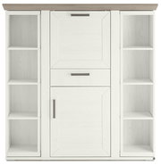 Frontansicht eines weißen Highboards mit Karussell, offenen Regalen an den Seiten und Schubladen in der Mitte.