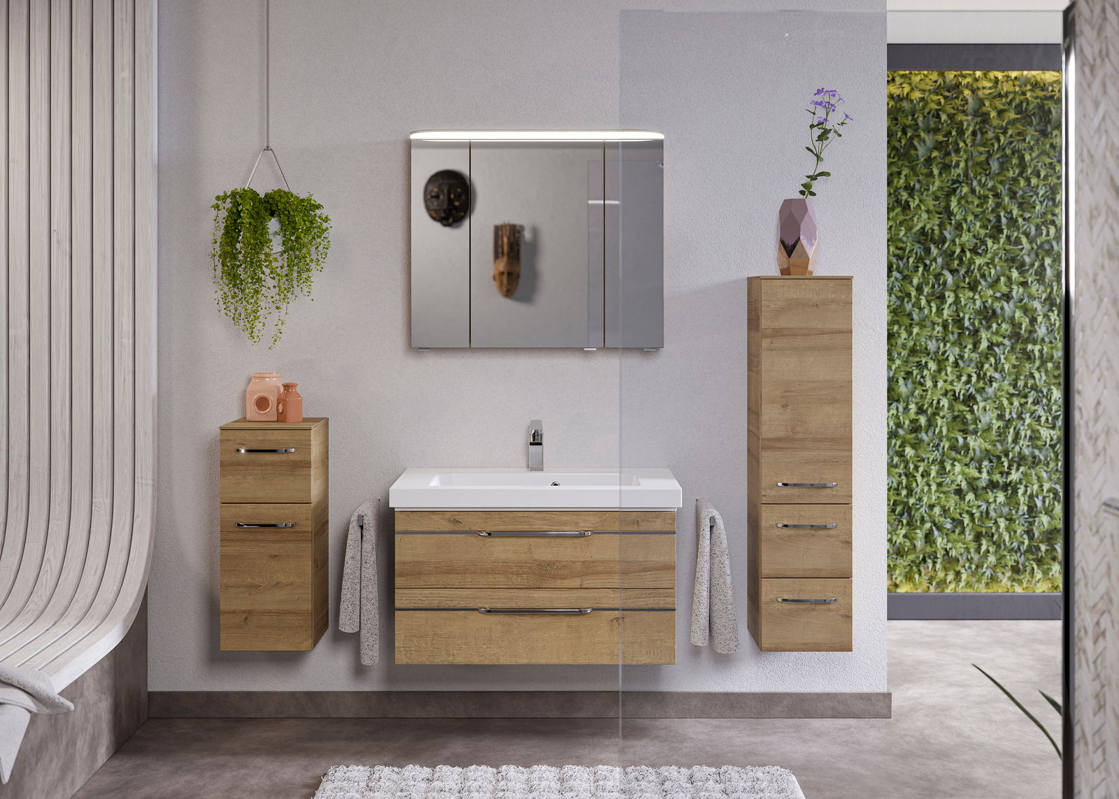 Moderne Badezimmermöbel in Holzoptik mit Waschbecken, Hängeschrank und Spiegel, frontal betrachtet.