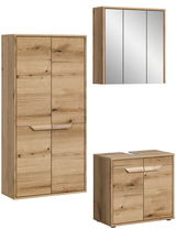 Badkombination aus Holz mit Spiegelschrank, Hochschrank und Unterschrank, frontal abgebildet
