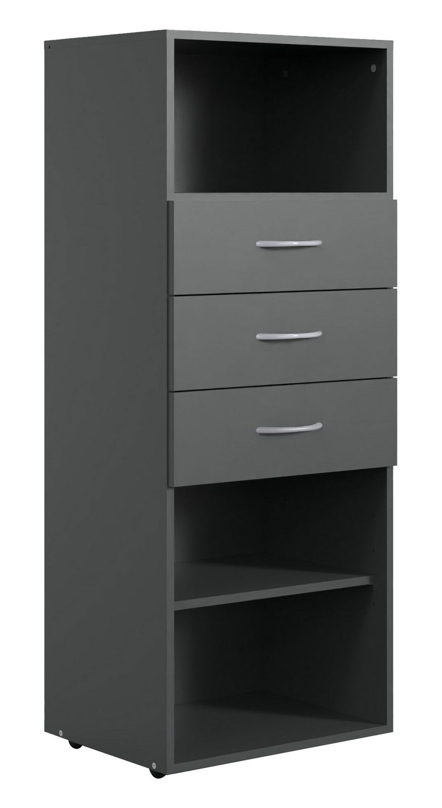 Graues Regal mit drei Schubladen und zwei offenen Fächern, seitliche Perspektive