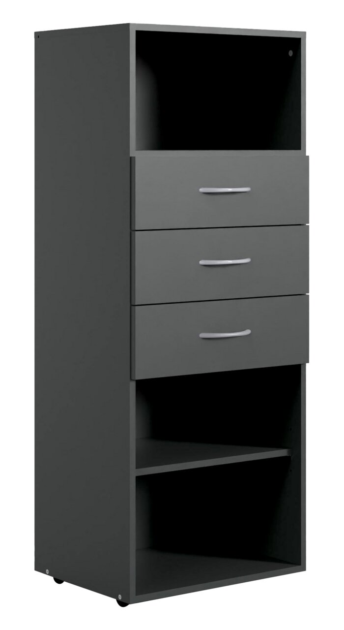 Graues Regal mit drei Schubladen und zwei offenen Fächern, seitliche Perspektive