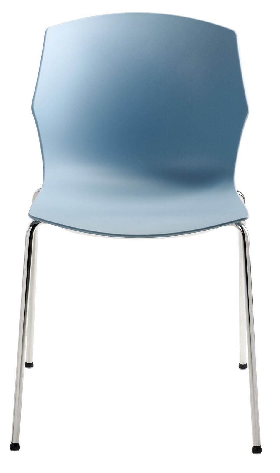 Moderner blauer Stapelstuhl mit Metallbeinen, Vorderansicht