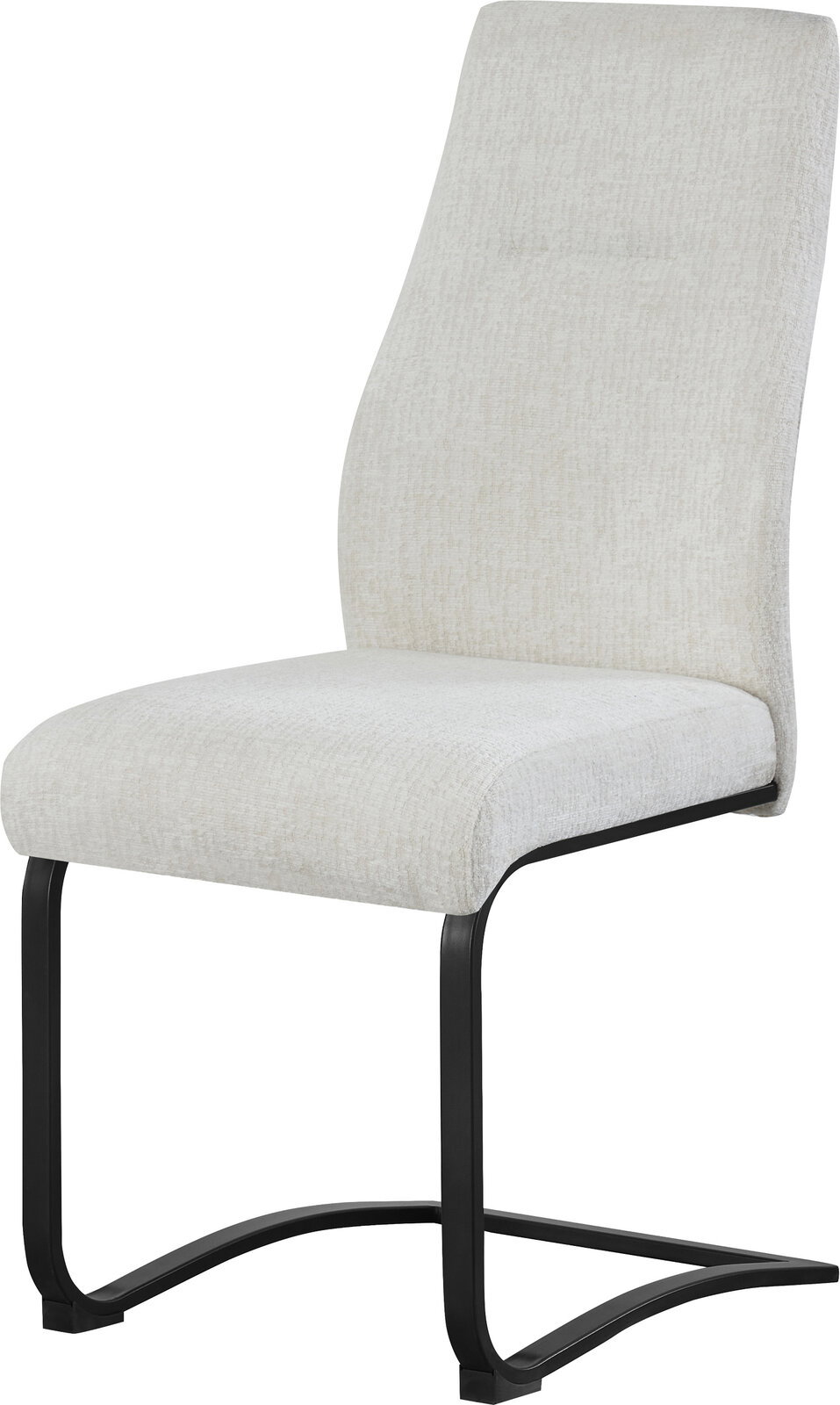 Beiger, gepolsterter Freischwinger-Stuhl mit hoher Rückenlehne und schwarzem Metallgestell, schräg von vorne links freigestellt auf weißem Hintergrund