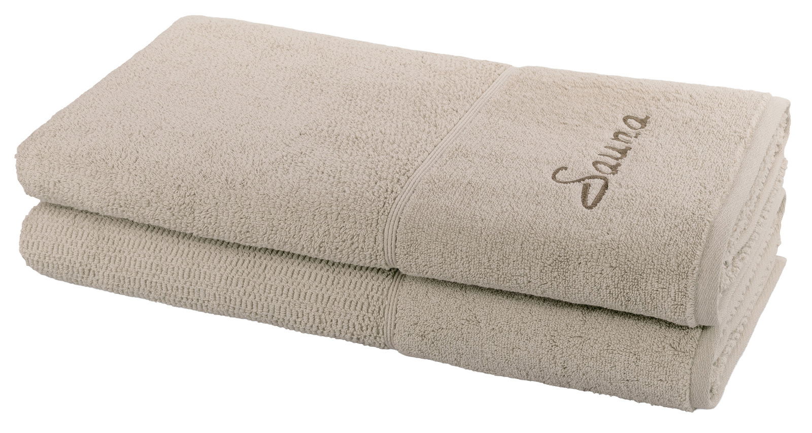 MÖVE Saunatuch 2er-Set PEARL Zwei beige Saunatücher im Set, übereinander gestapelt, mit gesticktem 'Sauna'-Schriftzug, seitliche Perspektive.