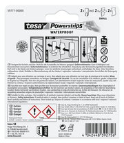 Rückseite der Verpackung von tesa Powerstrips Waterproof, zeigt Anwendungshinweise und Sicherheitsinformationen.