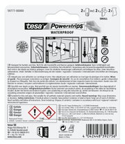 Rückseite der Verpackung von tesa Powerstrips Waterproof, zeigt Anwendungshinweise und Sicherheitsinformationen.
