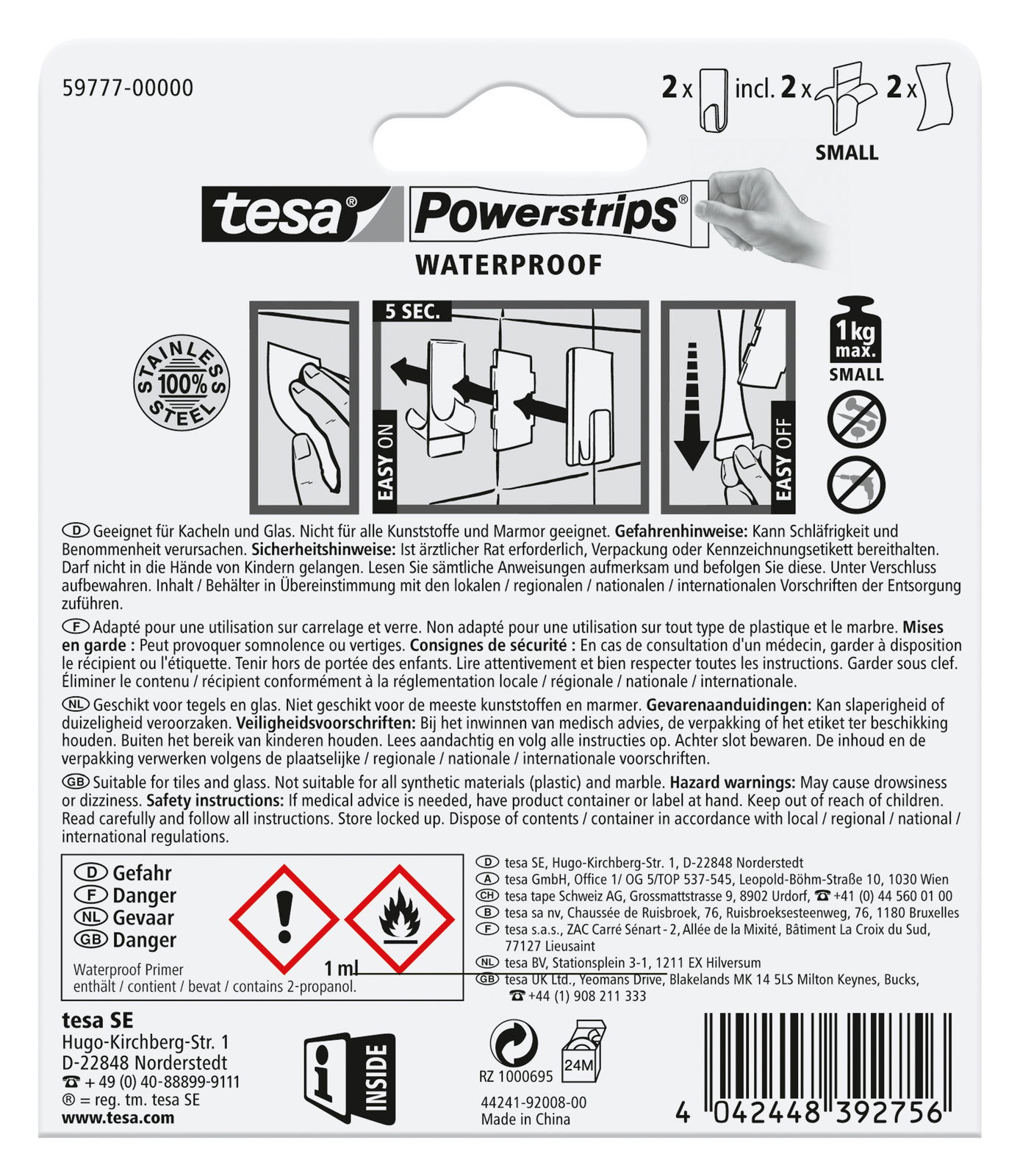 Rückseite der Verpackung von tesa Powerstrips Waterproof, zeigt Anwendungshinweise und Sicherheitsinformationen.
