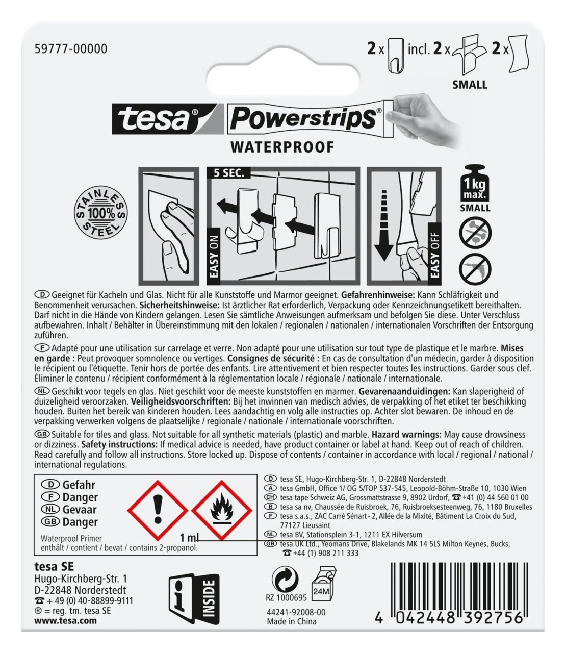 Achterkant van de verpakking van tesa Powerstrips Waterproof, met gebruiksaanwijzingen en veiligheidsinformatie.