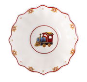 Porzellanschale mit einem bunten Zugmotiv in der Mitte und dekorativen Sternen am Rand, von oben betrachtet.