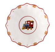 Porzellanschale mit einem bunten Zugmotiv in der Mitte und dekorativen Sternen am Rand, von oben betrachtet.