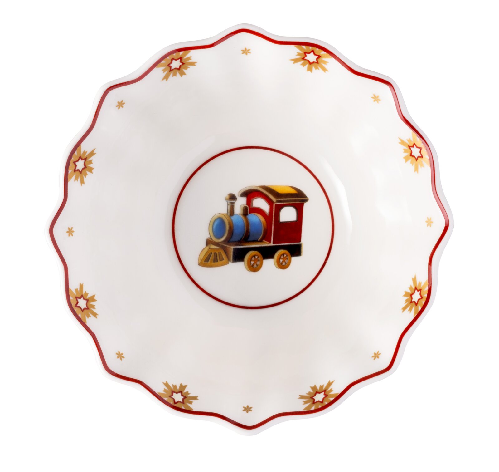 Porseleinen schaal met een kleurrijk treintje in het midden en decoratieve sterren aan de rand, gezien van bovenaf.