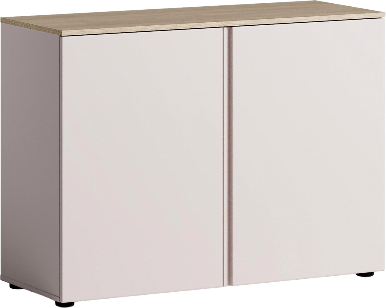 Voleo Kommode Moderne Kommode mit zwei Türen, helle Front und Holzoptik-Oberfläche, seitliche Perspektive