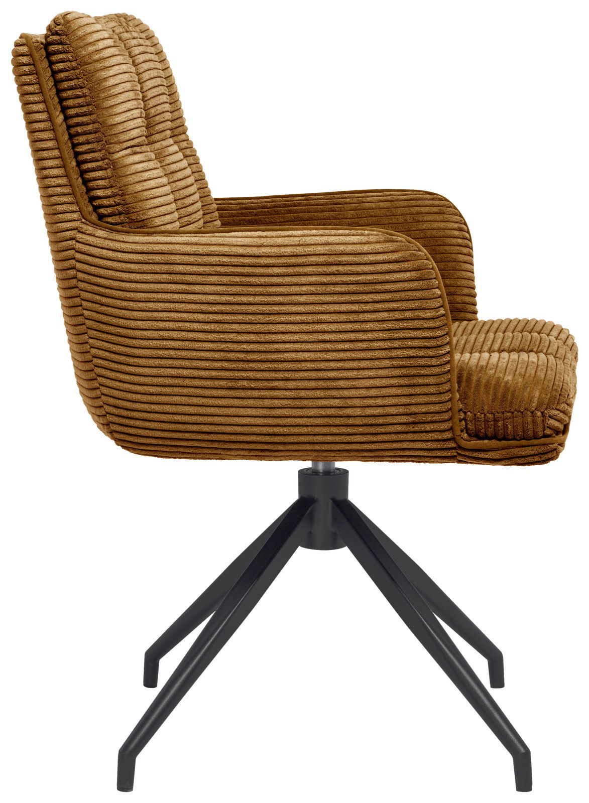 Stylife Armlehnstuhl POLLY Seitenansicht eines braunen Armlehnstuhls mit geripptem Stoffbezug und schwarzem Metallgestell.