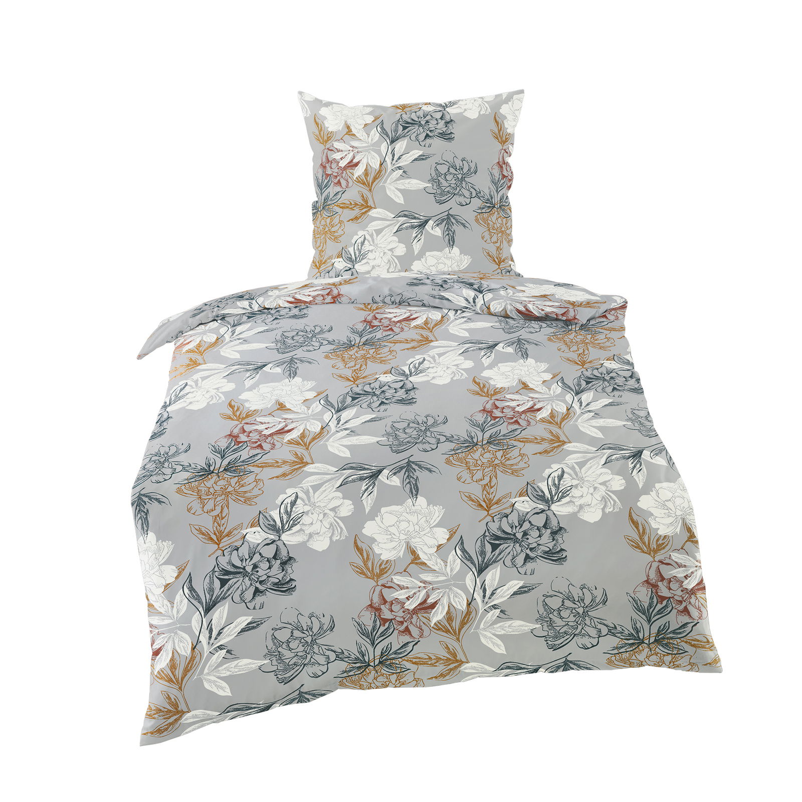Bettwäsche-Set aus Mako-Satin in der Größe 135x200 cm mit floralem Muster in Grau, Weiß und Gold, von vorne betrachtet.