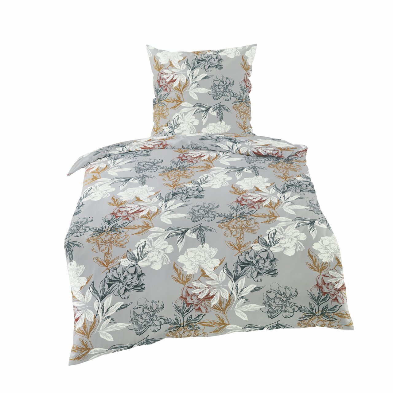 Beddengoedset van makosatijn in de afmeting 135 x 200 cm met een bloemmotief in grijs, wit en goud, gezien vanaf de voorkant.