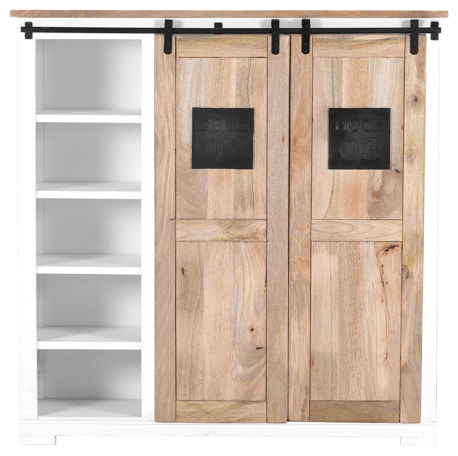 Frontale Ansicht eines Highboards mit Schiebetüren aus Holz und offenen Regalfächern auf der linken Seite.