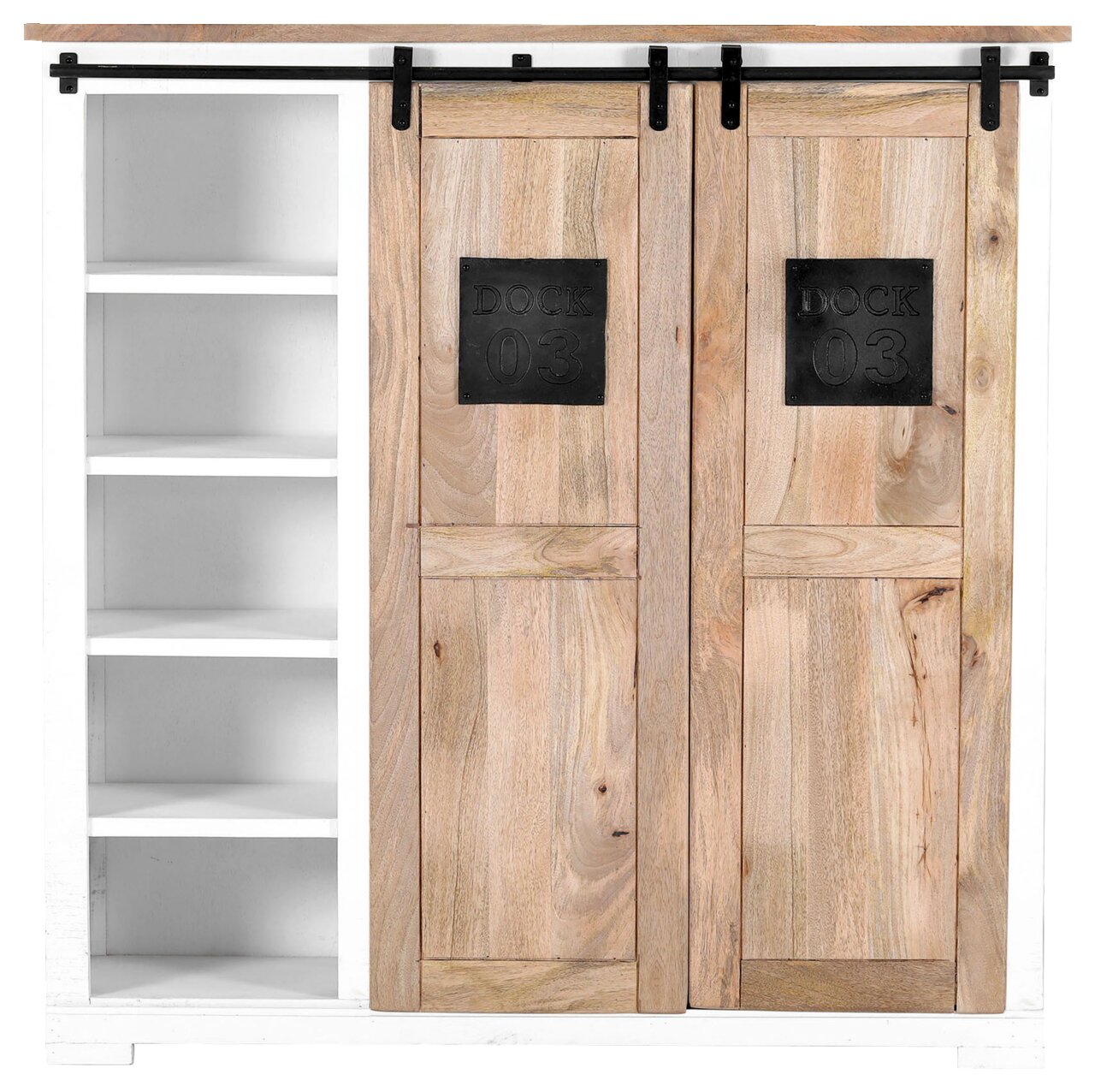 Frontale Ansicht eines Highboards mit Schiebetüren aus Holz und offenen Regalfächern auf der linken Seite.