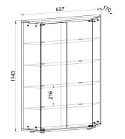 Technische Zeichnung eines hohen Badezimmerschranks/Spiegelschranks mit zwei Türen und mehreren Einlegeböden, Maße ca. 827 mm breit, 1143 mm hoch und 170 mm tief, perspektivische Frontansicht leicht von oben.