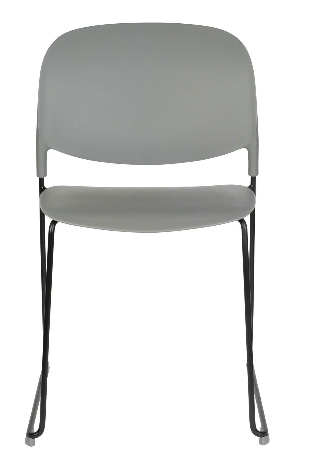 Moderner grauer Stuhl mit schwarzem Metallgestell, Frontalansicht