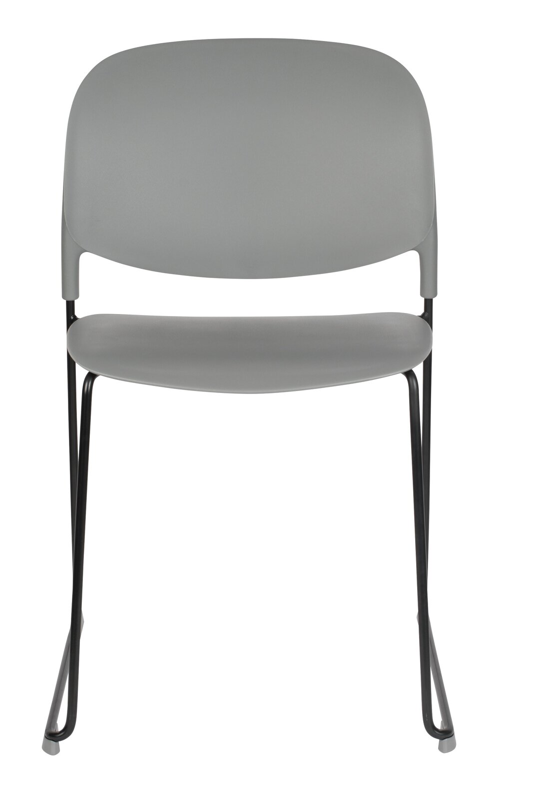 Moderner grauer Stuhl mit schwarzem Metallgestell, Frontalansicht