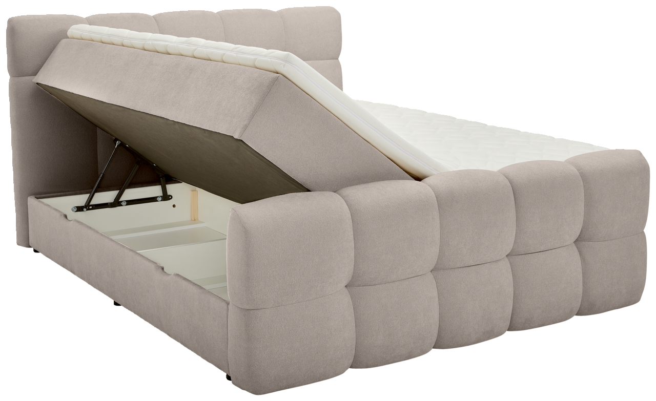 Boxbett mit hochgeklappter Matratze und Stauraum, seitliche Perspektive