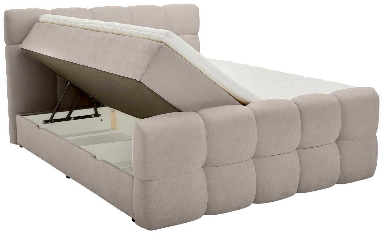 Boxbett mit hochgeklappter Matratze und Stauraum, seitliche Perspektive