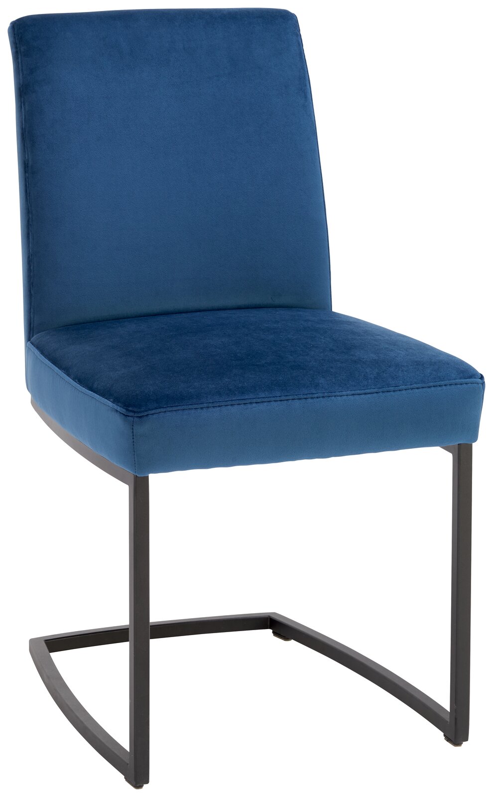 Freischwinger-Stuhl in Blau mit schwarzem Metallgestell, seitliche Perspektive