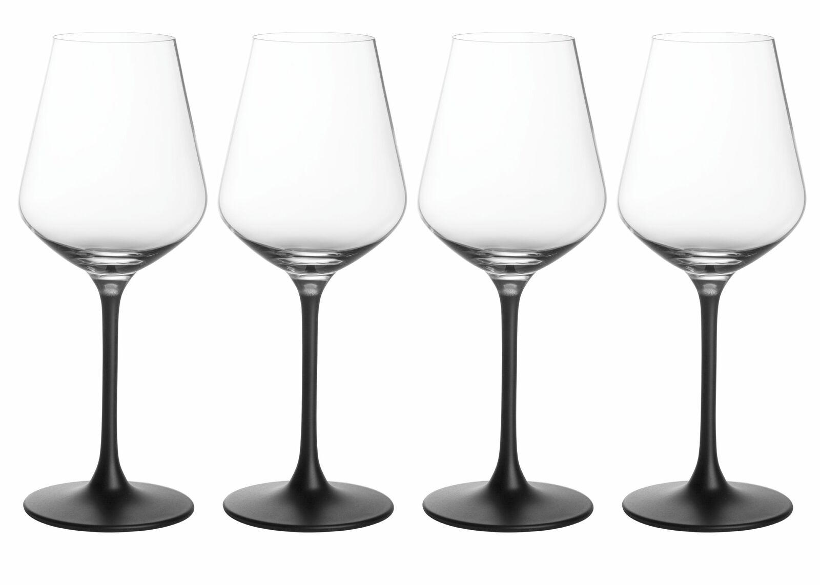 Villeroy & Boch Rotweinkelch-Set 4tlg. Manufacture Rock Glass Vier elegante Rotweingläser mit schwarzem Stiel, frontal fotografiert.